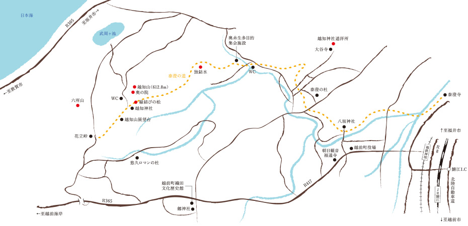 越知山ハイキングコースと周辺史跡マップ