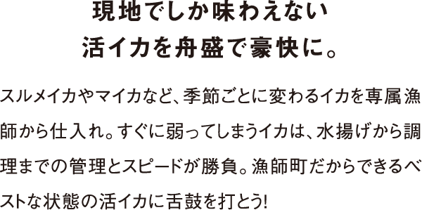 現地でしか味わえない活イカを舟盛で豪快に。